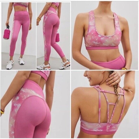 Anthropologie Daily Practice Sofia Leggings & Sports Bra Set 2pc Pink Large NEW - Picture 1 of 16